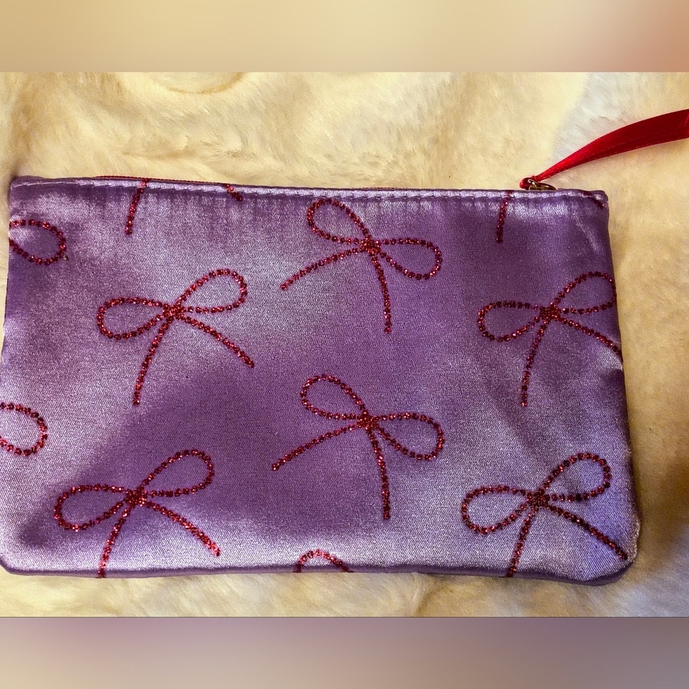 Ipsy Purple Satin Cosmetic Bag Red Rhinestone Bow